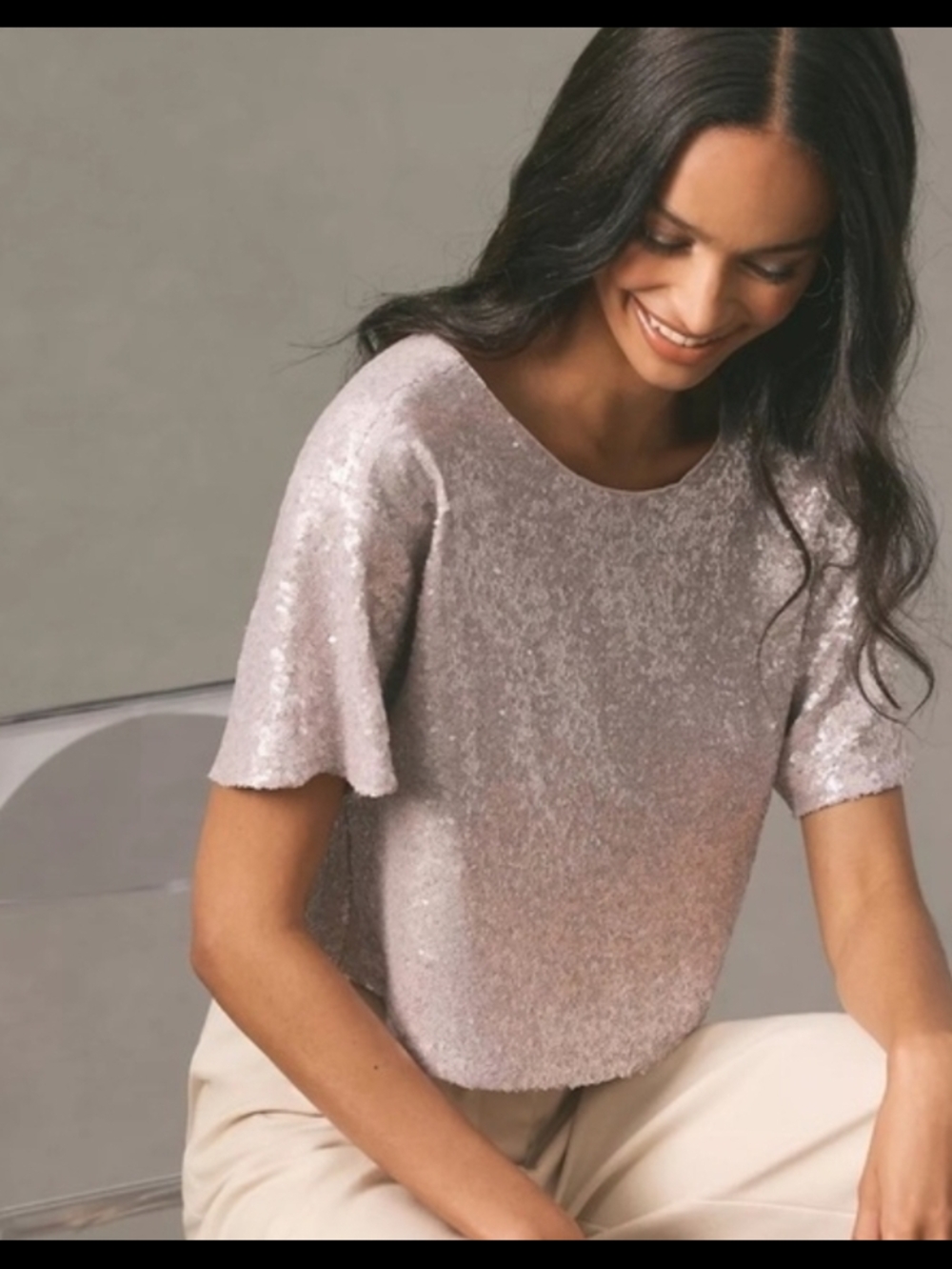 Anthropologie Metallic Sequin Short Sleeve Top Champagne Silver XL New With Tag